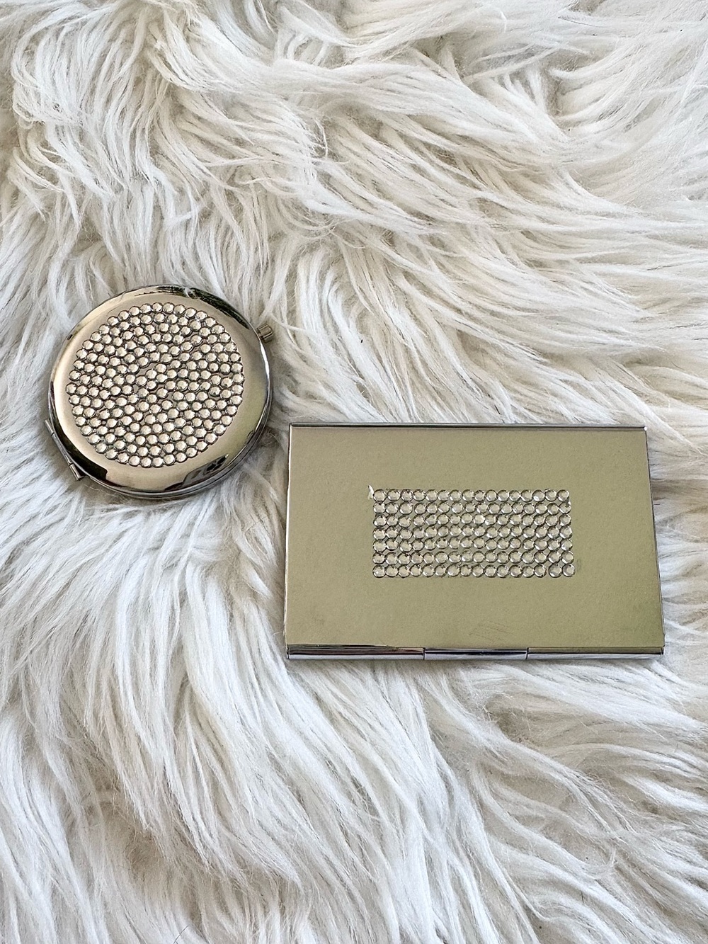 GLAM silver rhinestone embellished compact mirror and business card holder set - Picture 2 of 5